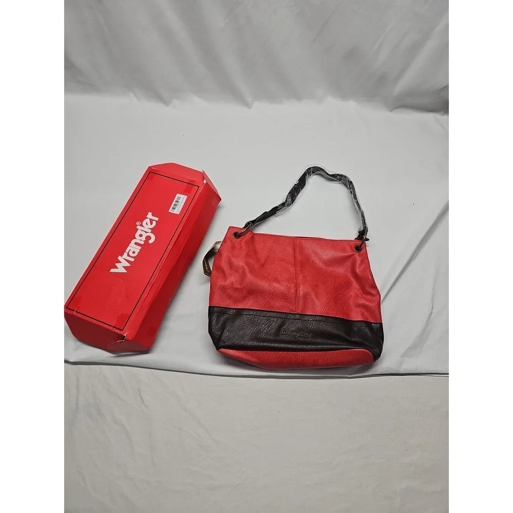 Wrangler‎ Vegan Leather Hobo Bag Women's Top Handle Shoulder Purse Red Brown NWT